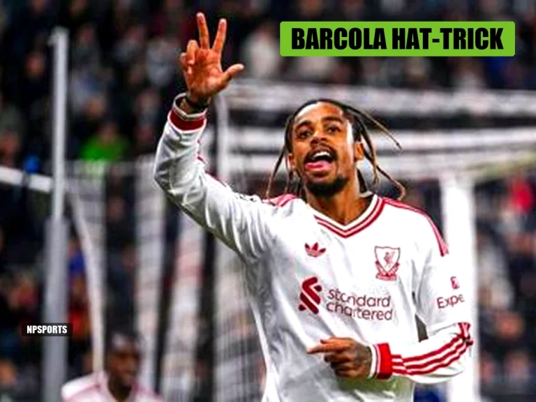 Bradley Barcola celebrates his maiden Liverpool hat-trick by holding up three fingers in their 6-3 UEFA Champions League victory against LASK