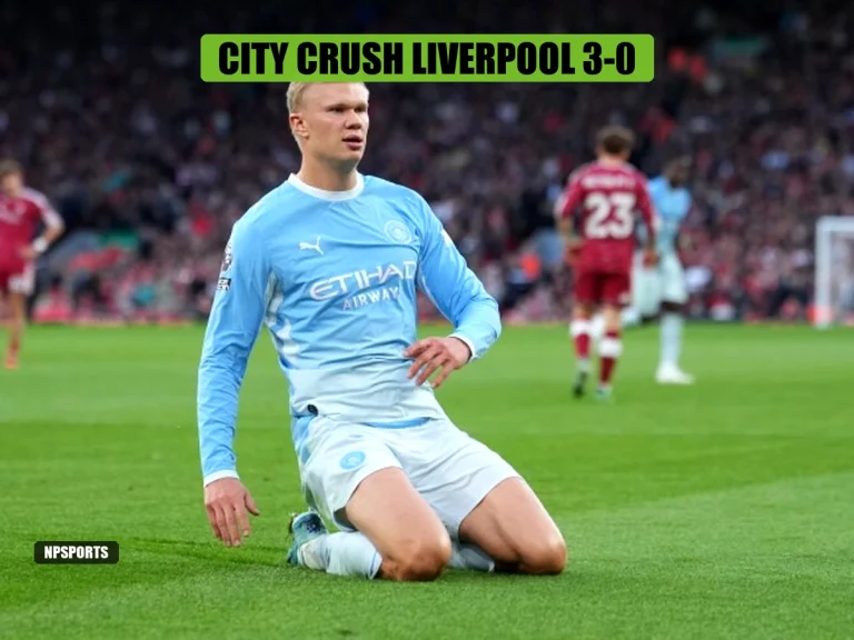 Erling Haaland celebrates after scoring in Manchester City's 3-0 win against Liverpool at Anfield