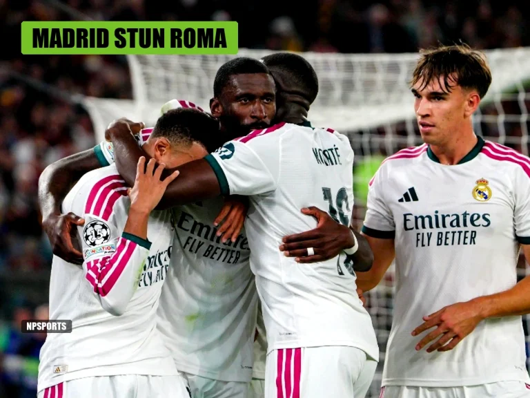 Antonio Rüdiger celebrates with Real Madrid teammates after scoring the dramatic late 4-3 winner against AS Roma at the Stadio Olimpico
