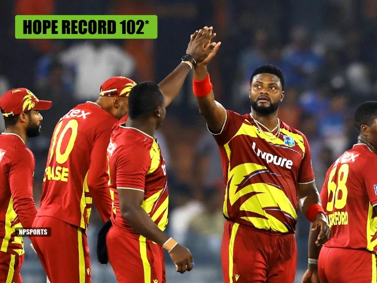 Shai Hope celebrates his record-breaking unbeaten 102 alongside West Indies teammates in a 24-run win over India in the 4th T20I at Hyderabad